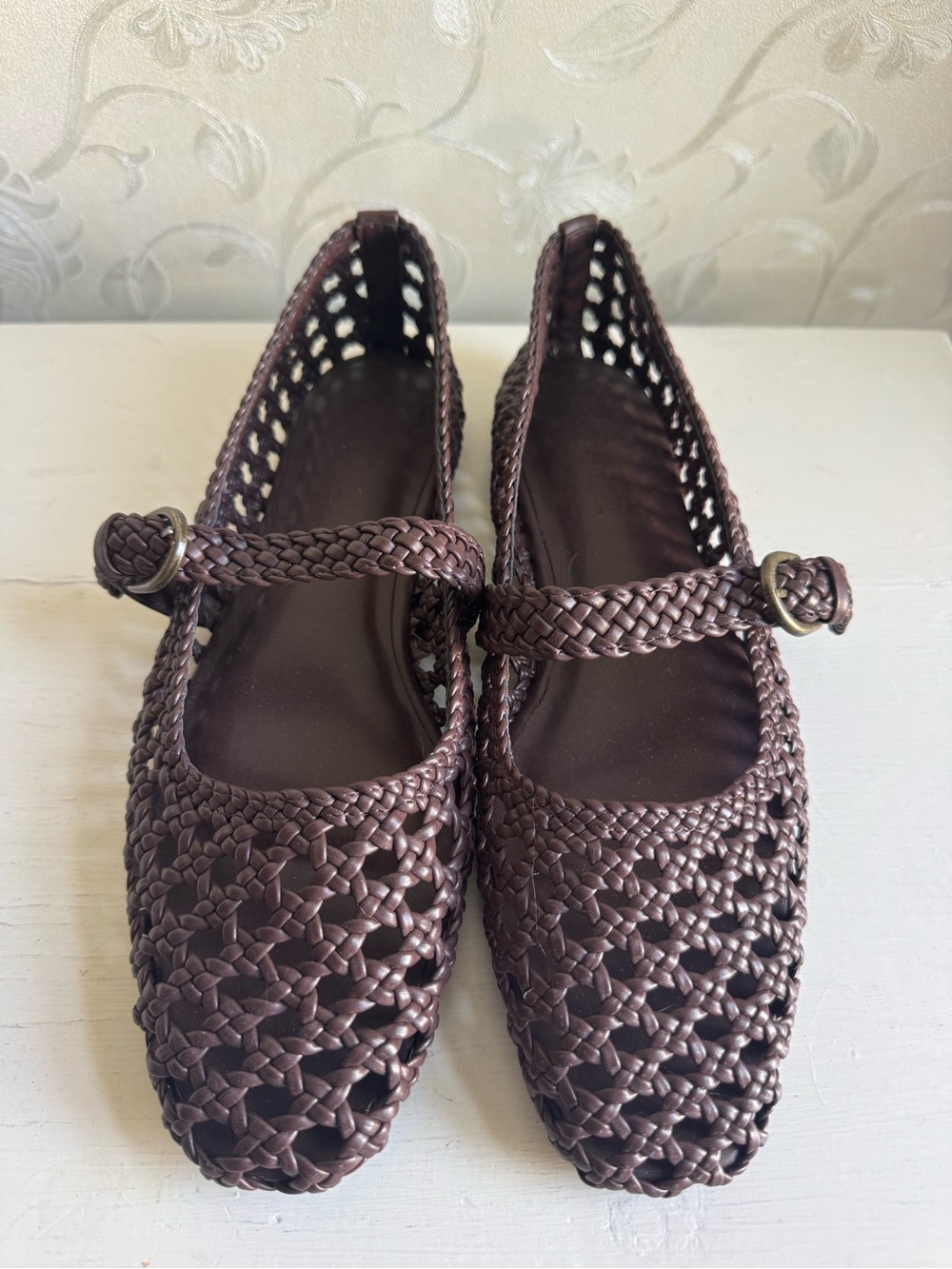 Woven Mary Jane Flats in Brown